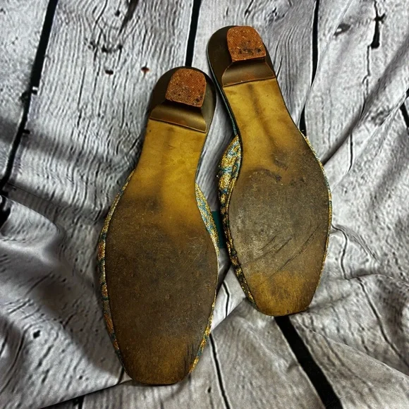 Vintage Ornate Brocade Bow Low Heel House Jacquard Slippers Gold Teal AS IS 10.5 - Picture 3 of 8